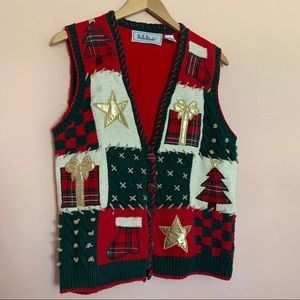 Vintage ugly Christmas sweater vest w/ gold